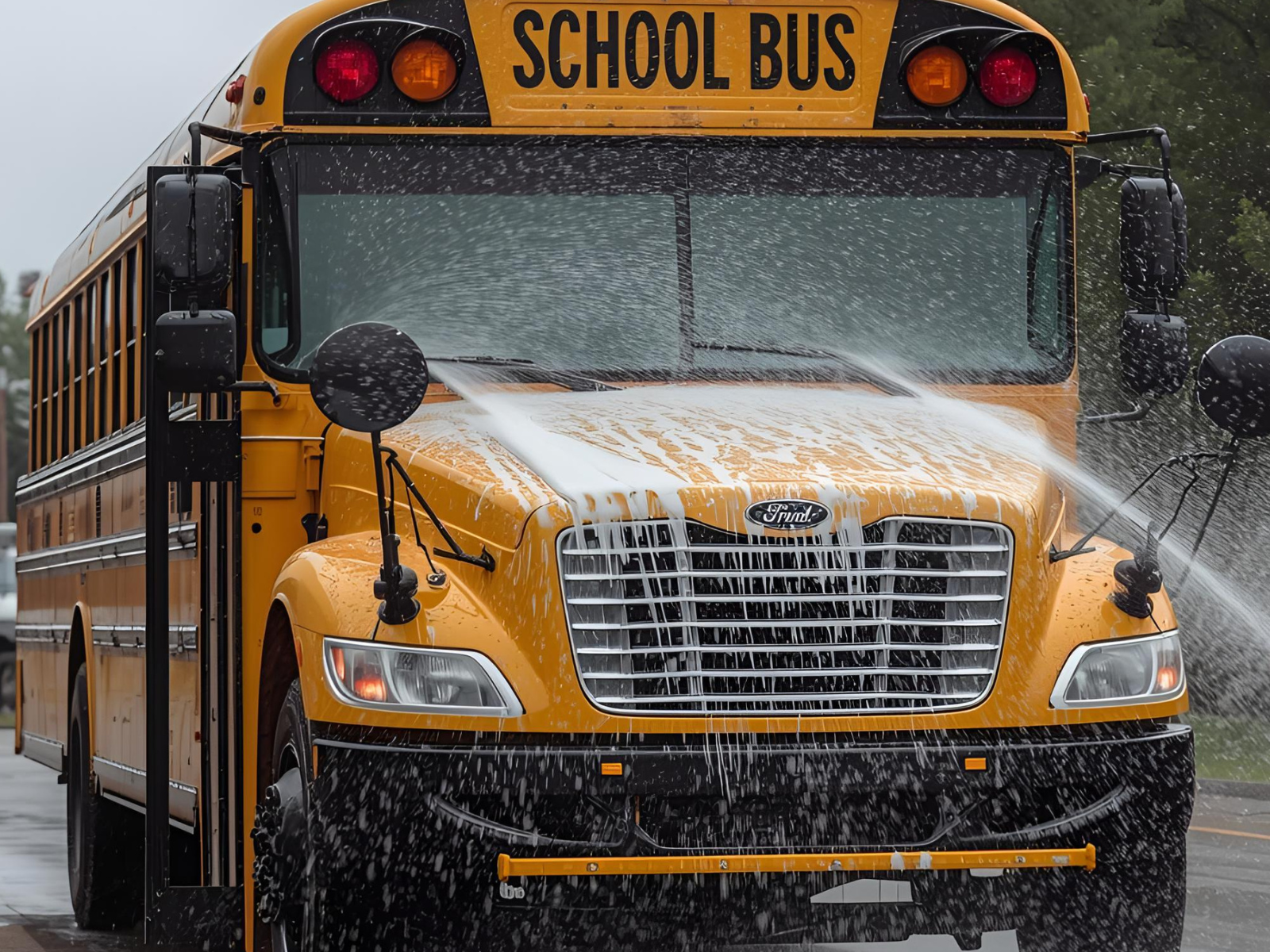 Yellow school bus being spray washed with industrial sprayer.