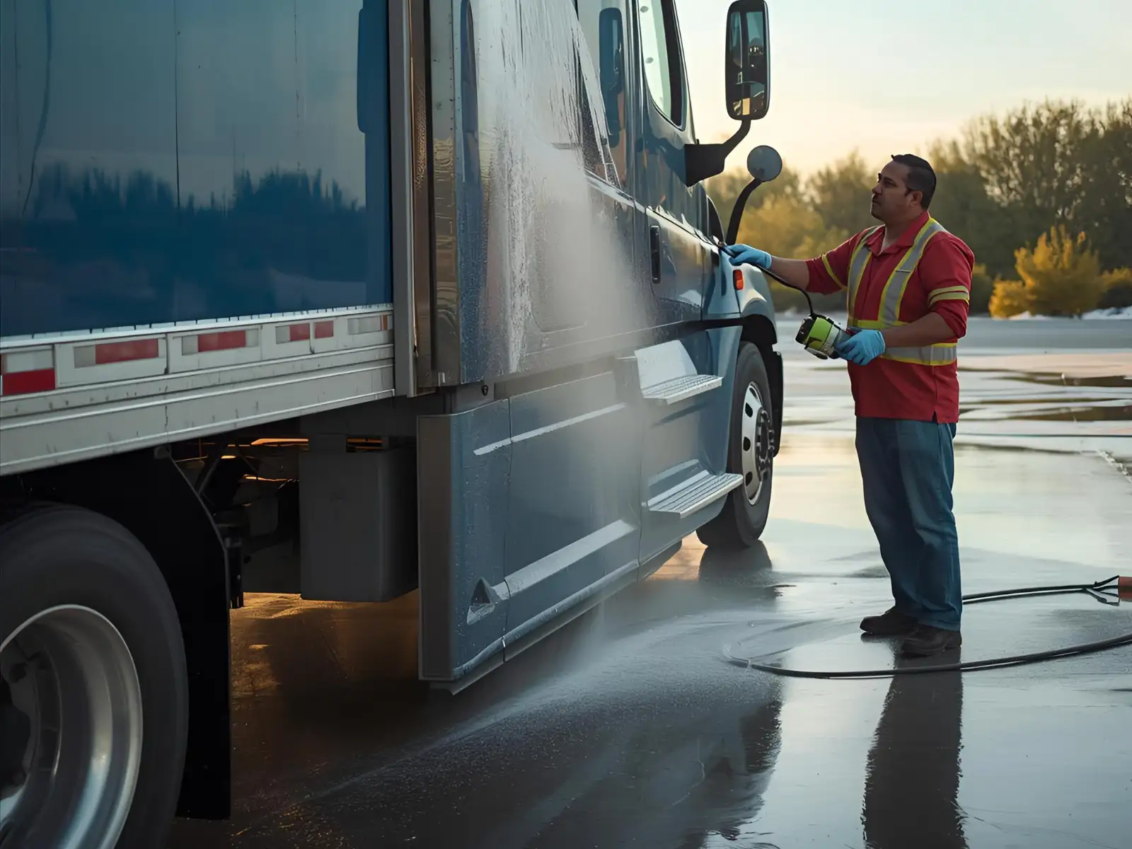 Semi truck being manually washed with industrial spray wash.